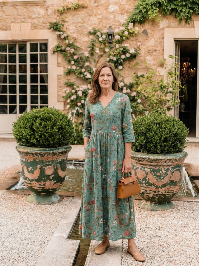 Marina | Vestido Maxi Floral con Escote en V y Mangas Tres Cuartos