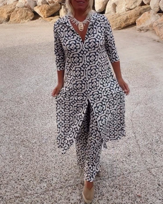 Sara | Conjunto de Túnica Bohemia de Estampado Geométrico y Pantalones de Pierna Ancha