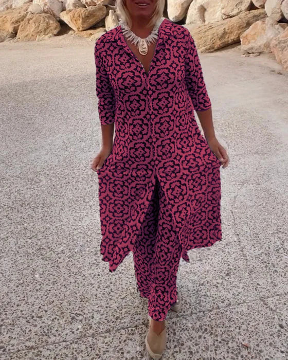 Sara | Conjunto de Túnica Bohemia de Estampado Geométrico y Pantalones de Pierna Ancha