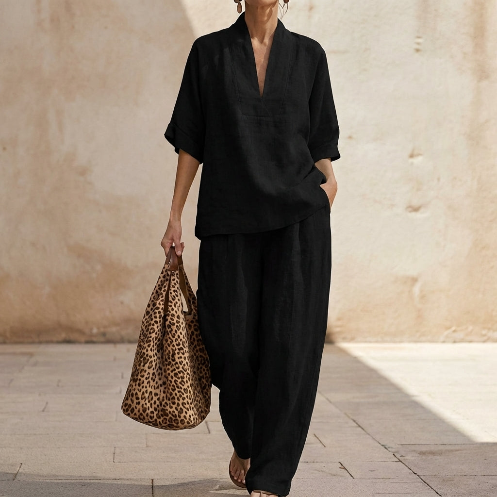 Dolores | Conjunto de Top Henley Relajado y Pantalones de Pierna Ancha