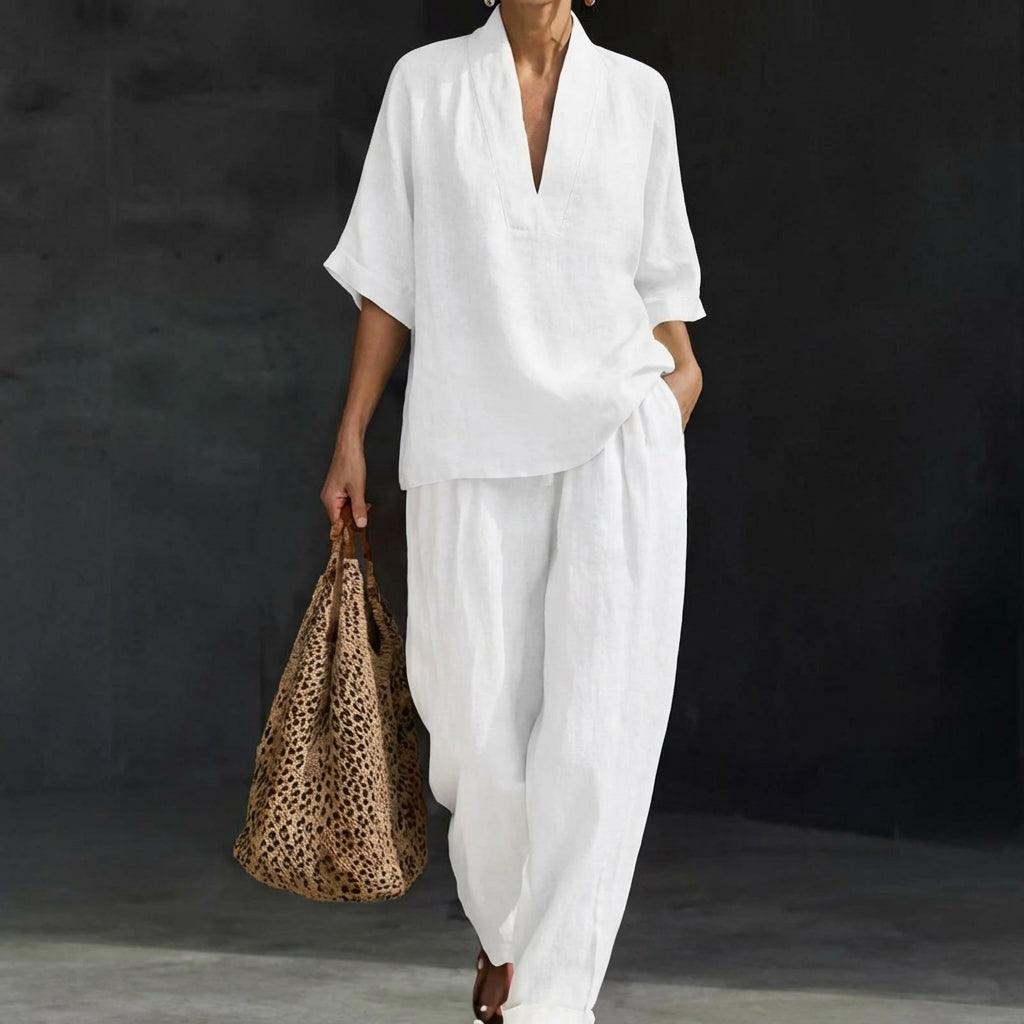 Dolores | Conjunto de Top Henley Relajado y Pantalones de Pierna Ancha