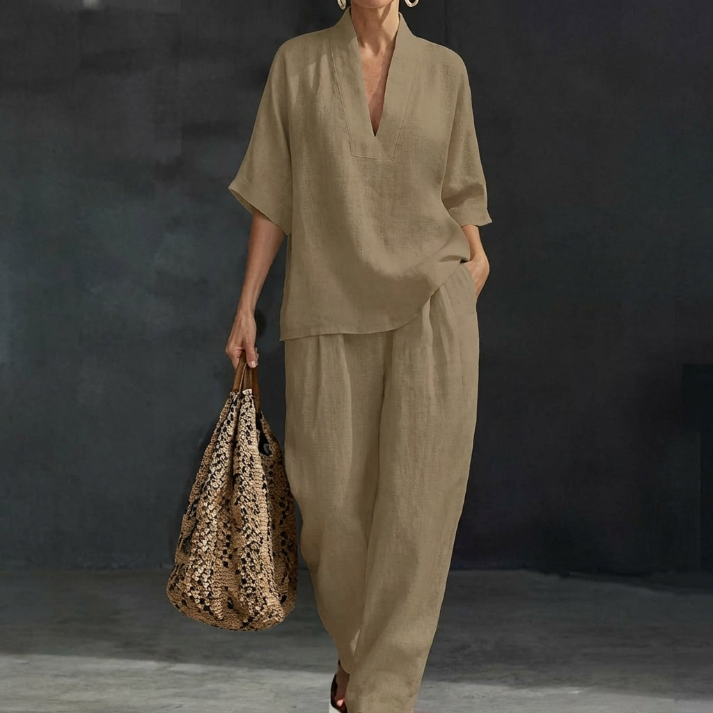 Dolores | Conjunto de Top Henley Relajado y Pantalones de Pierna Ancha