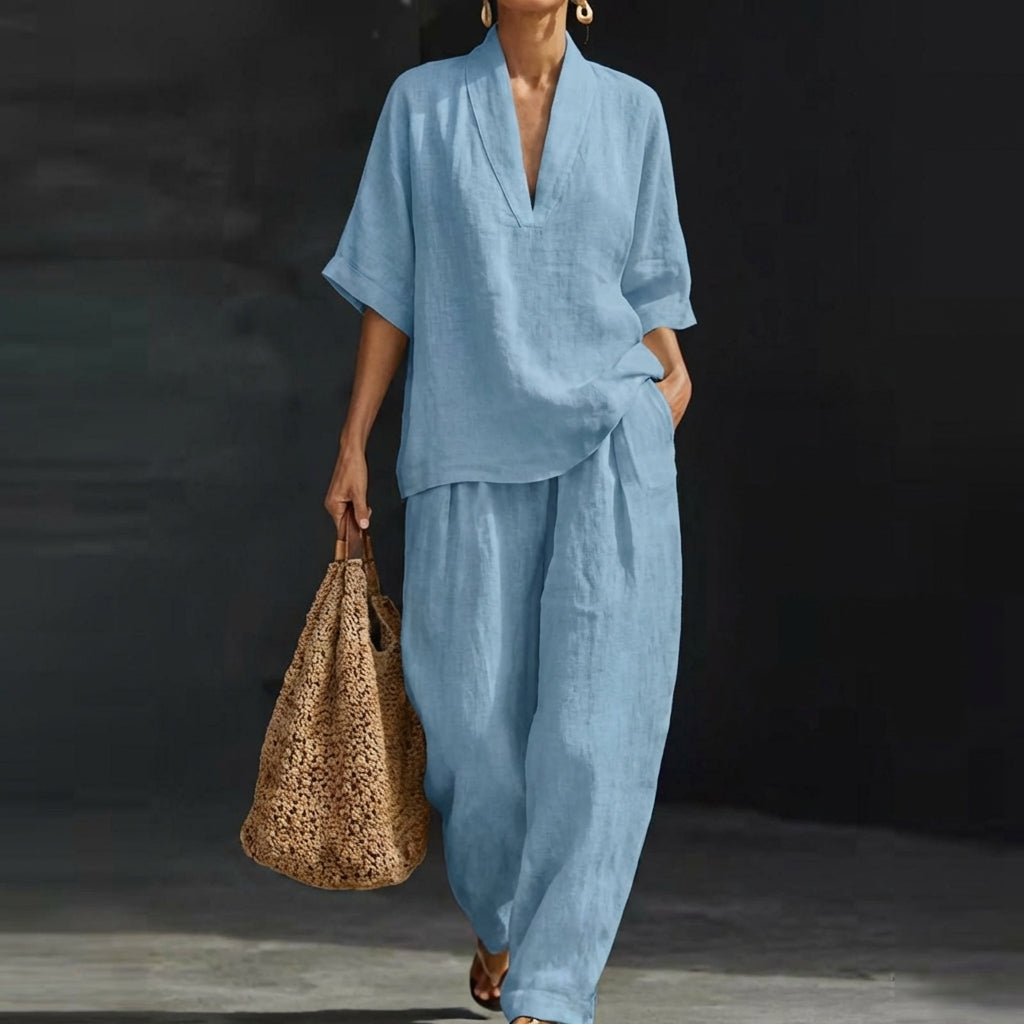 Dolores | Conjunto de Top Henley Relajado y Pantalones de Pierna Ancha
