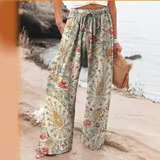 Pantalones Anchos de Flores Ligero de Cintura Alta Confort
