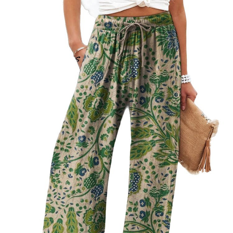 Pantalones Anchos de Flores Ligero de Cintura Alta Confort