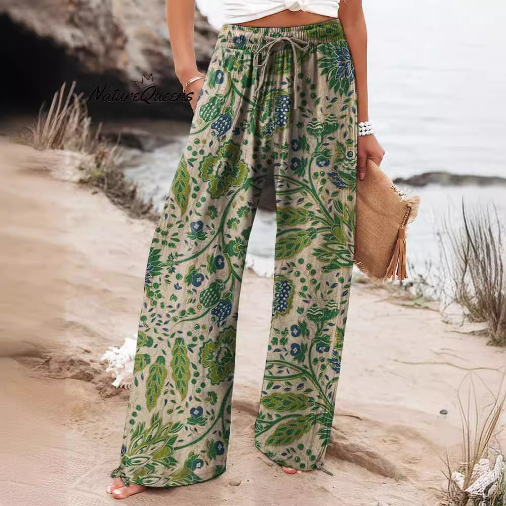 Pantalones Anchos de Flores Ligero de Cintura Alta Confort