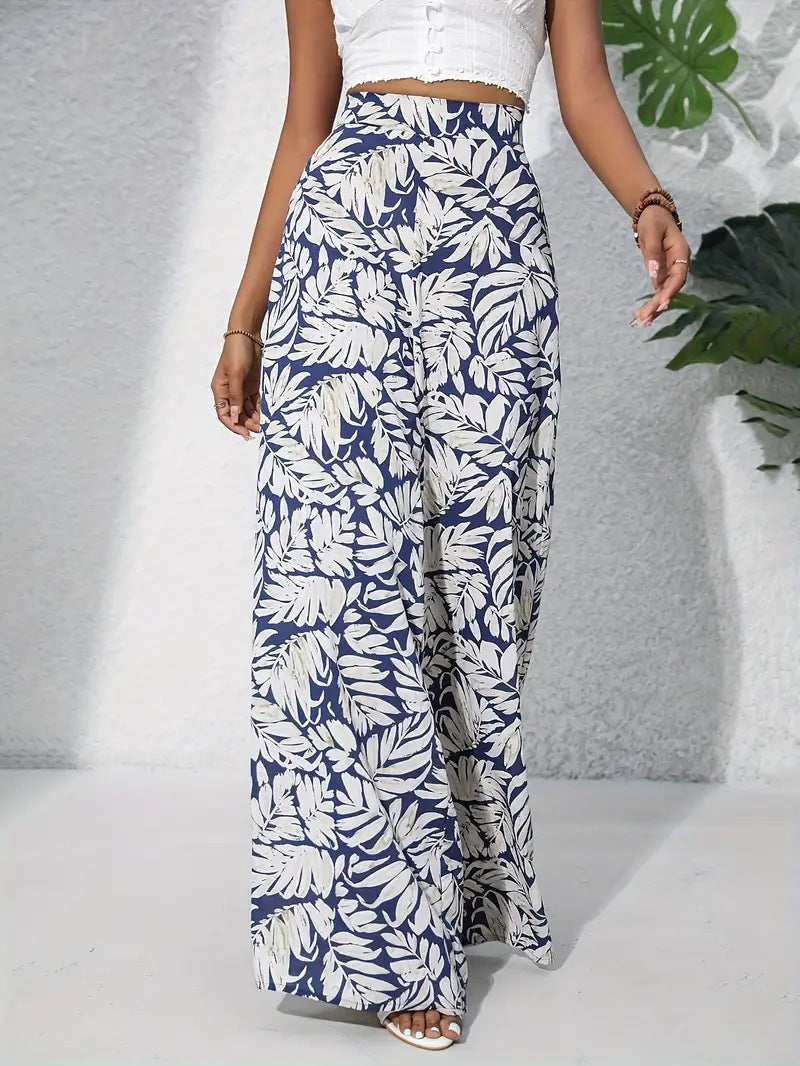 Pantalones Anchos de Flores Ligero de Cintura Alta