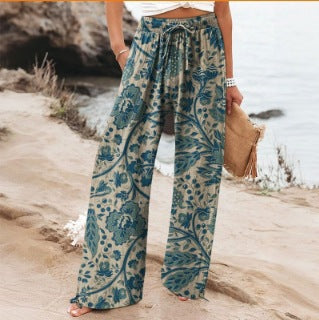 Pantalones Anchos de Flores Ligero de Cintura Alta Confort