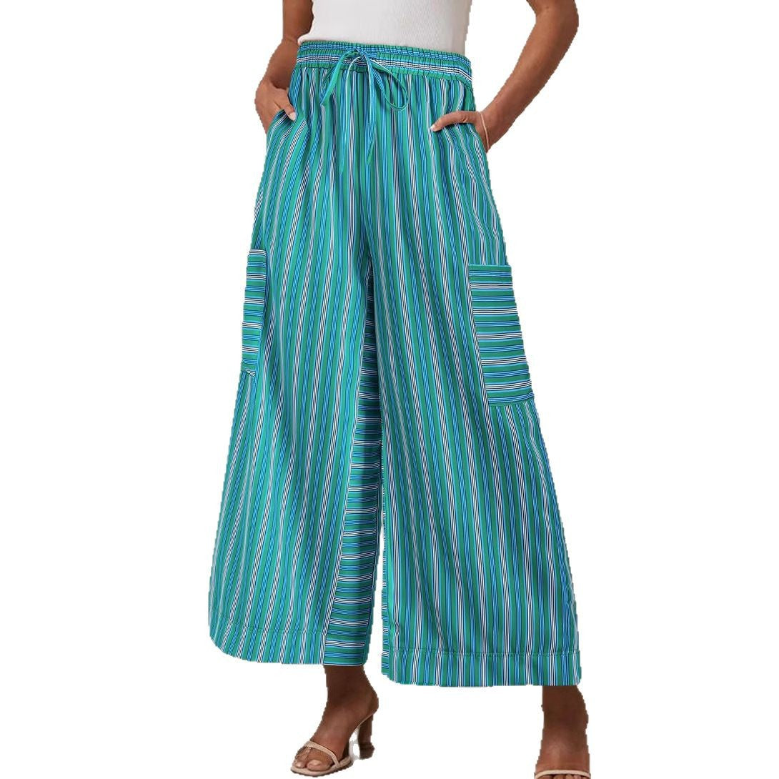 Pantalones de Pierna Ancha Livianos con Rayas y Cintura Elástica con Cordón