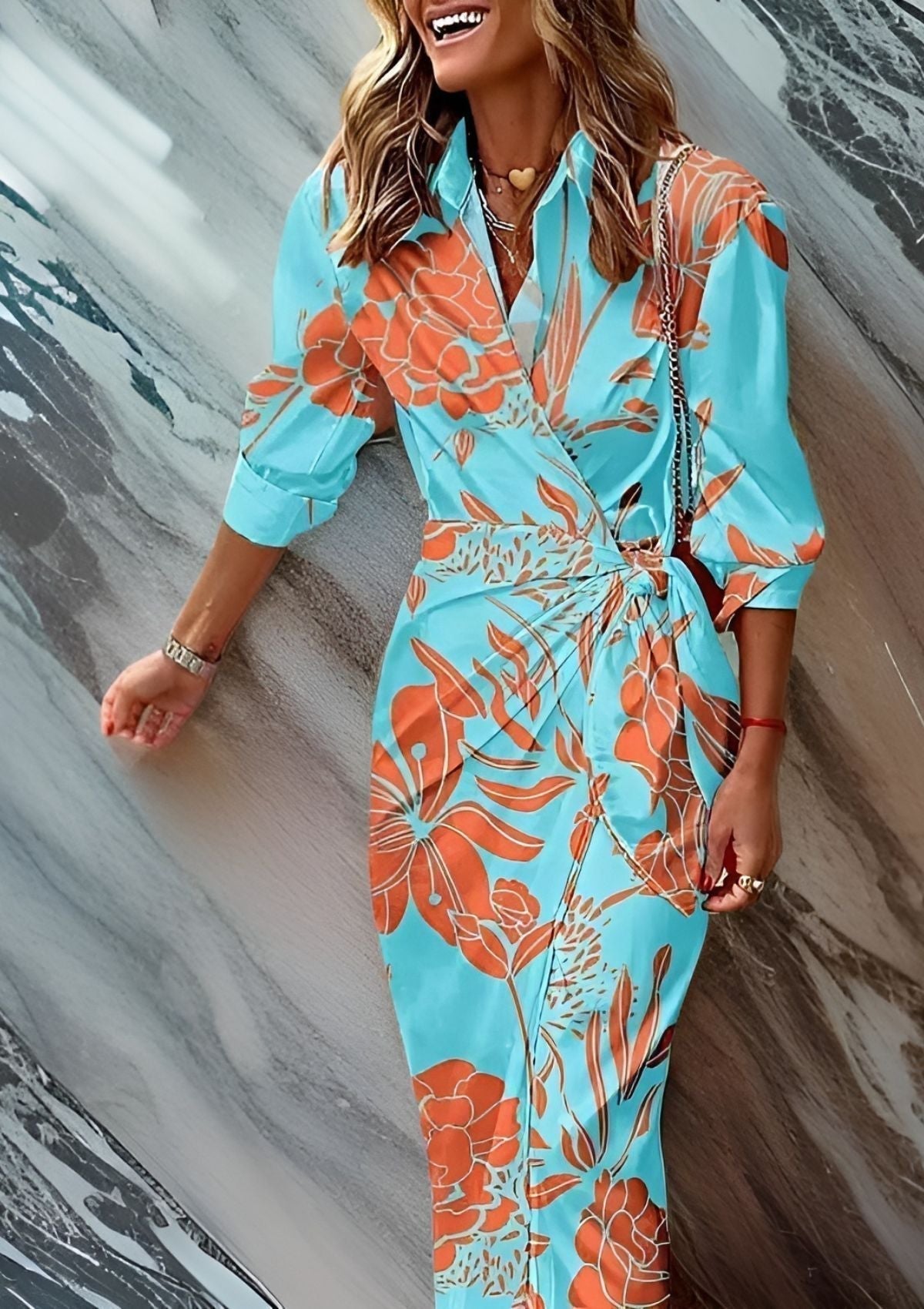 Olivia – Vestido Camisero Impreso que Ajusta la Cintura