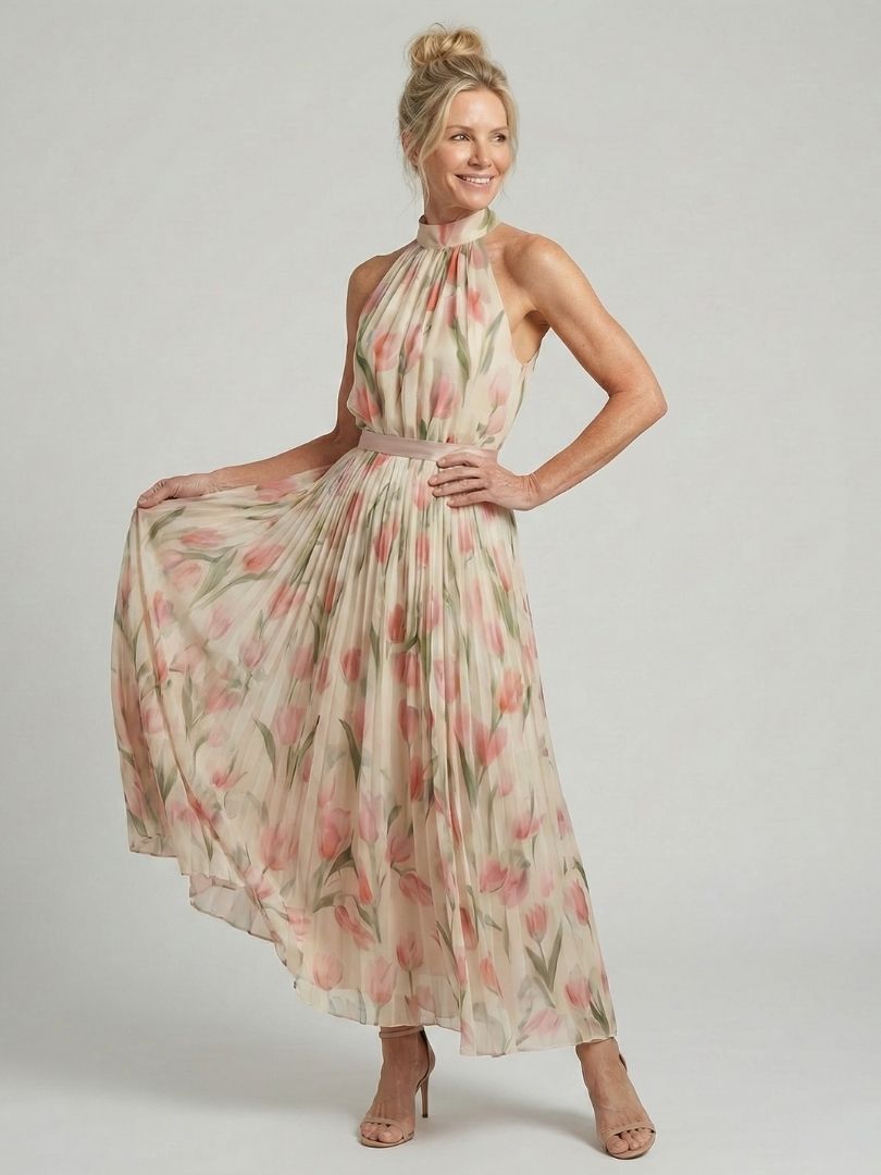 Aurelle | Vestido Midi con Cuello Halter de Flores