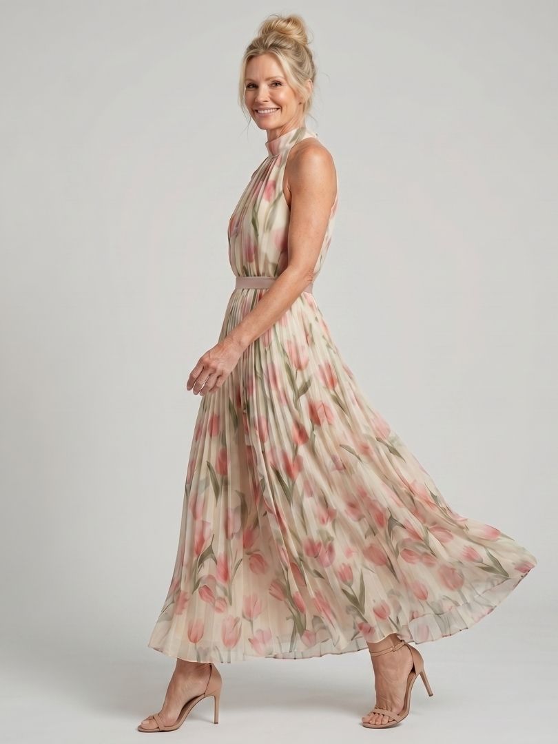 Aurelle | Vestido Midi con Cuello Halter de Flores