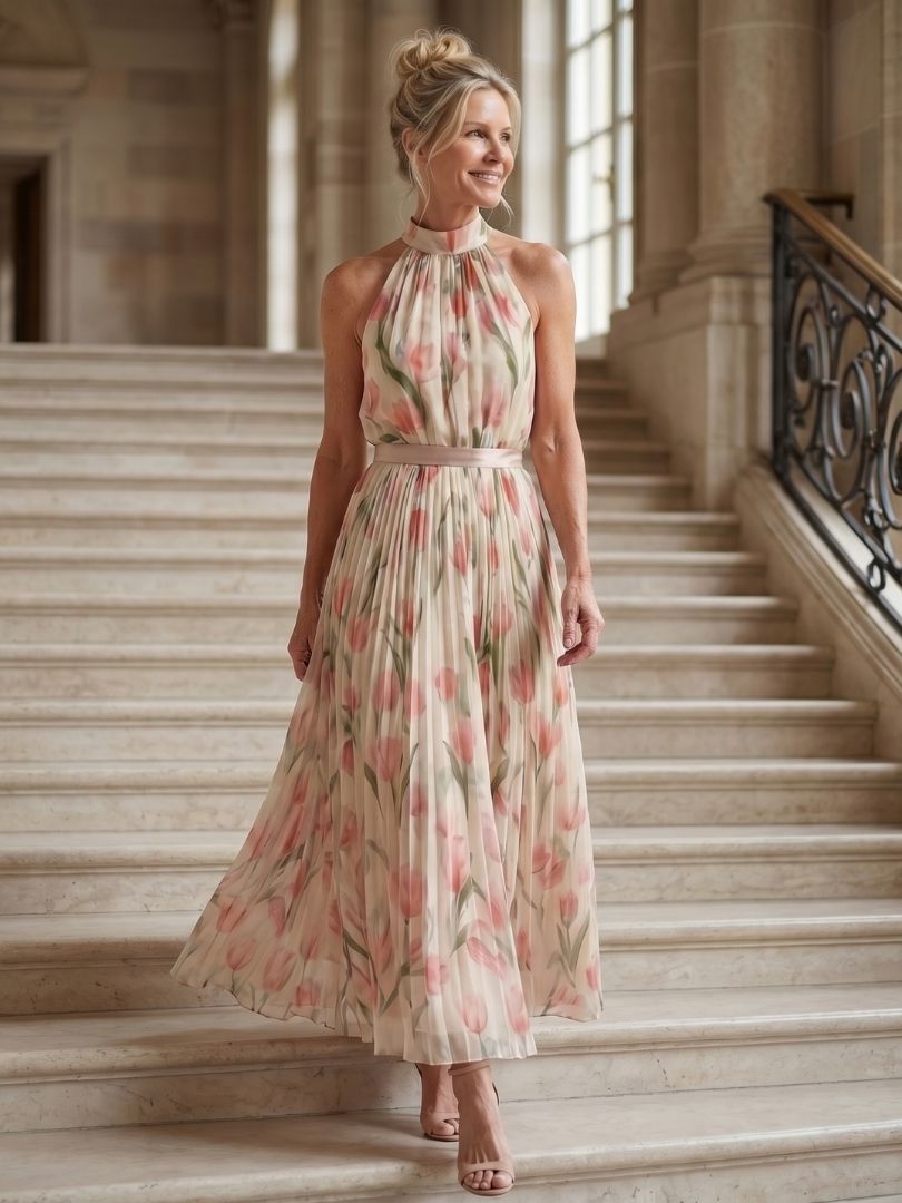 Aurelle | Vestido Midi con Cuello Halter de Flores