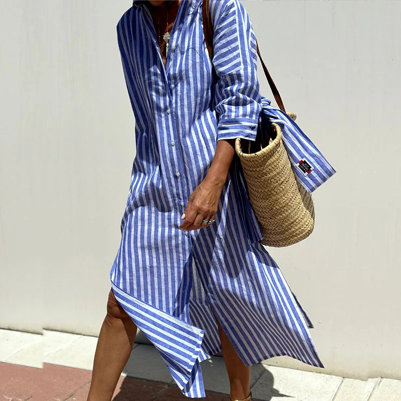 Hazel - Vestido Midi de Confort a Rayas Sofisticado