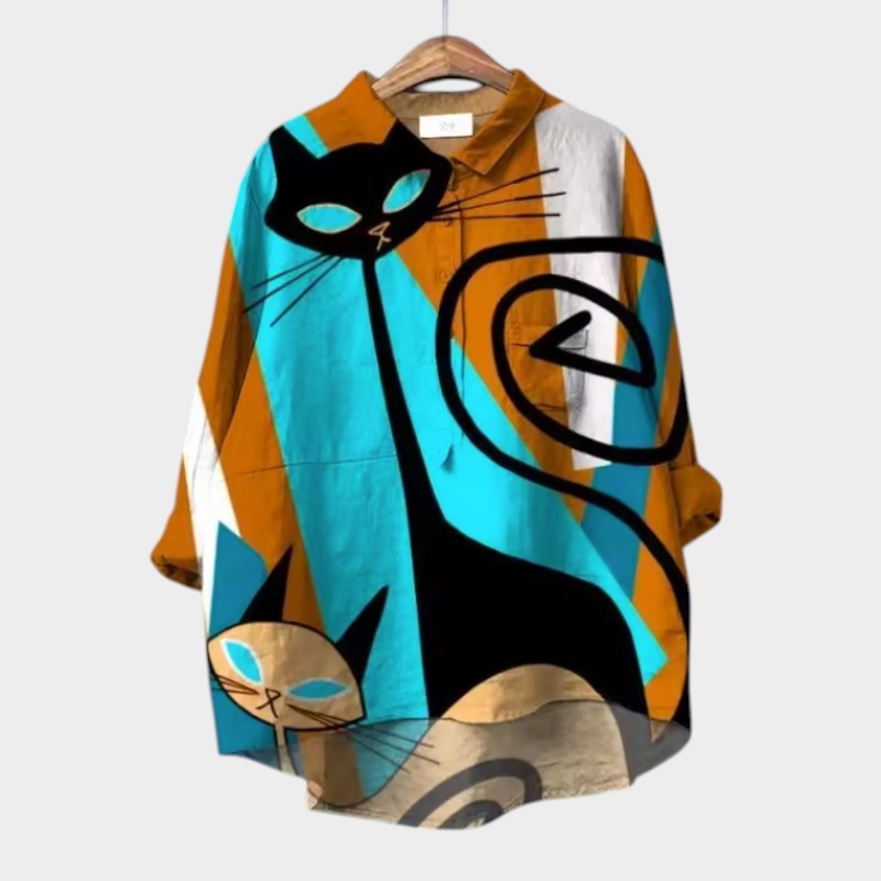 Liliana™ | Blusa de Lino Atemporal con Gatos Coloridos para Comodidad