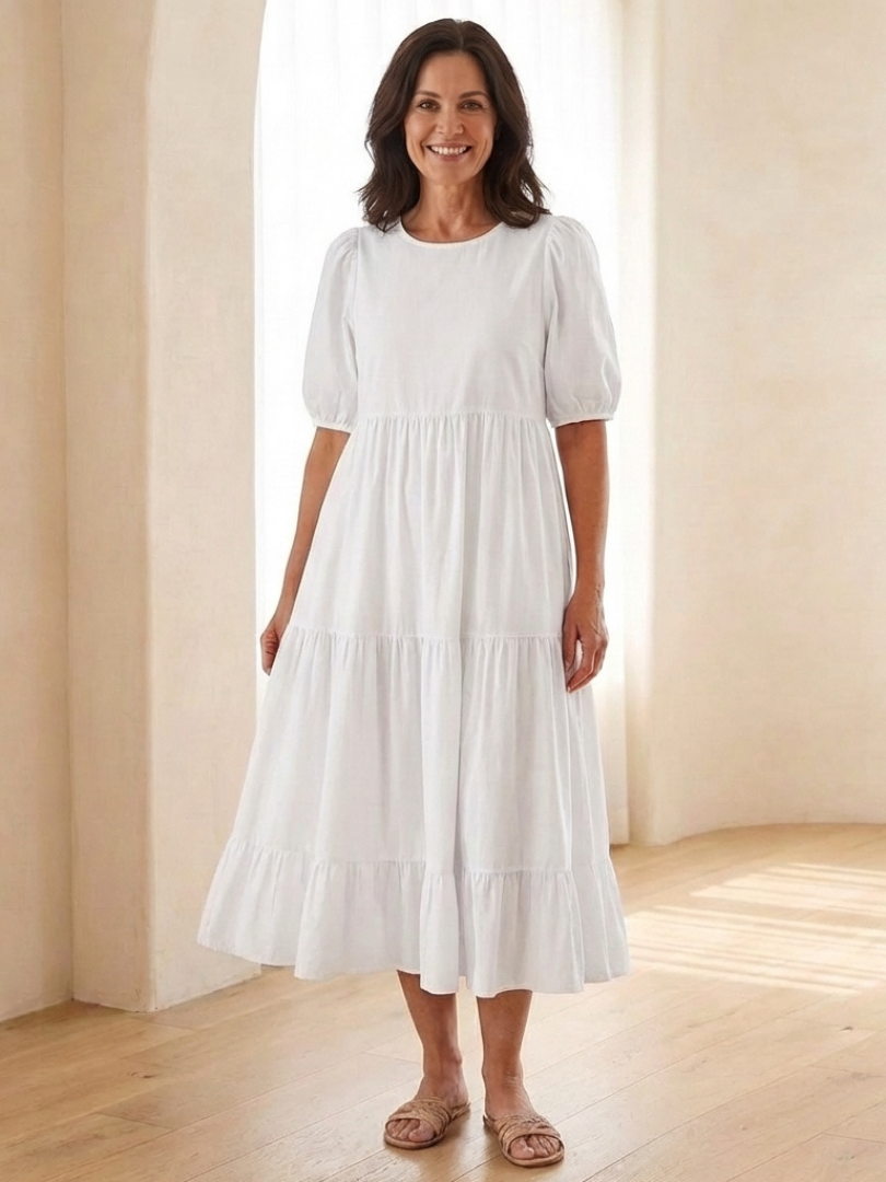Brina | Vestido midi de cuello redondo con mangas abullonadas y volantes
