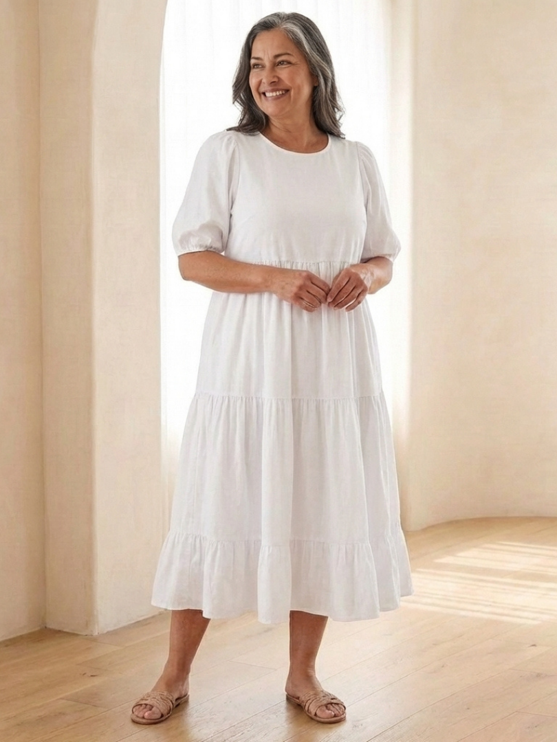 Brina | Vestido midi de cuello redondo con mangas abullonadas y volantes