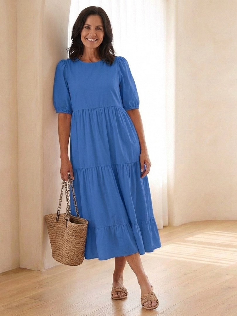 Brina | Vestido midi de cuello redondo con mangas abullonadas y volantes