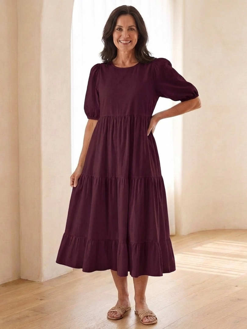 Brina | Vestido midi de cuello redondo con mangas abullonadas y volantes