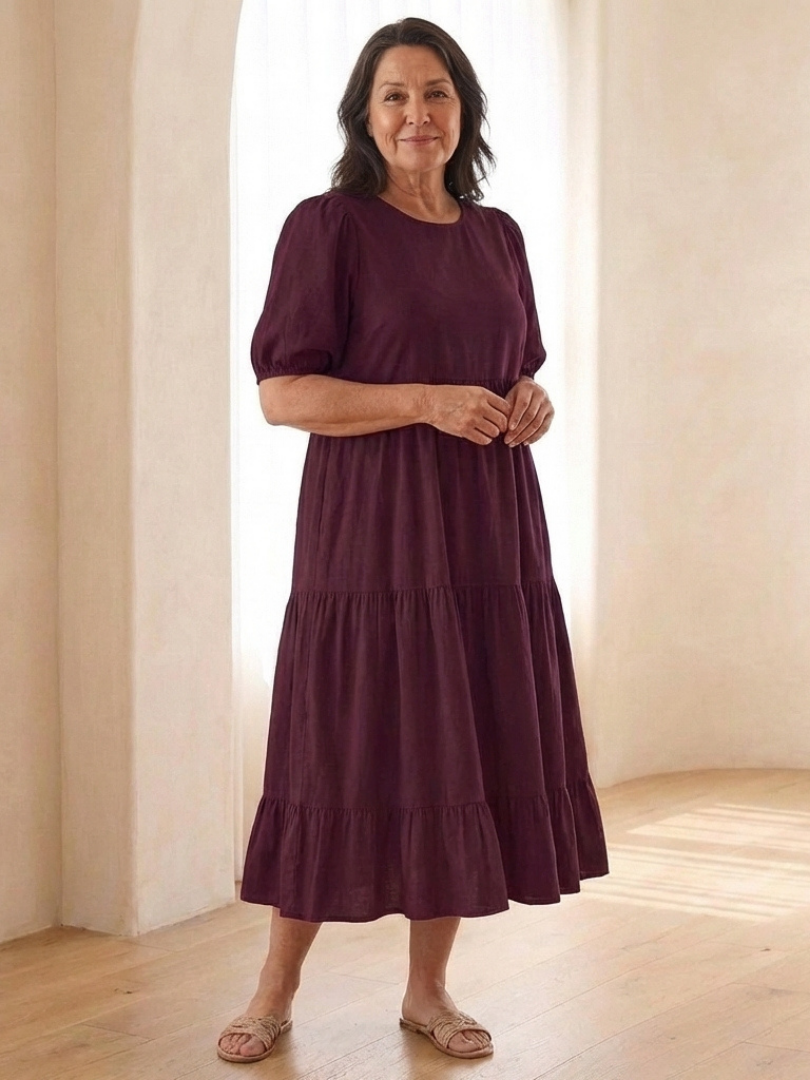 Brina | Vestido midi de cuello redondo con mangas abullonadas y volantes