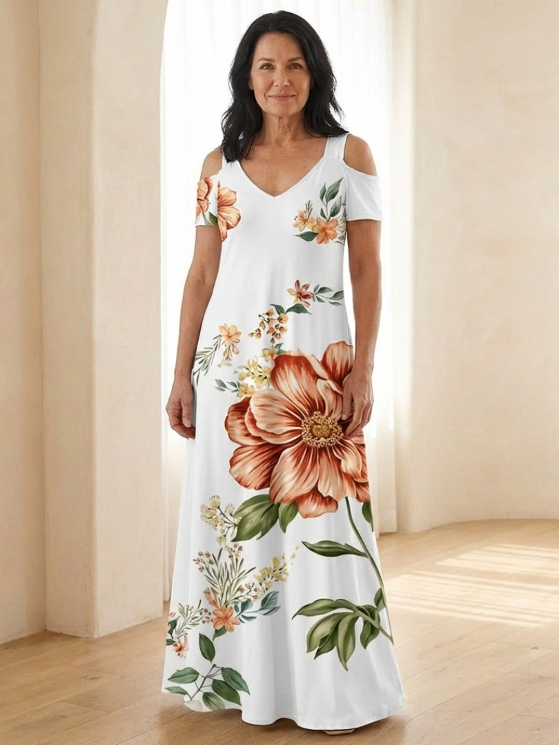 Calista | Vestido Maxi de Manga Corta con Escote en V Floral