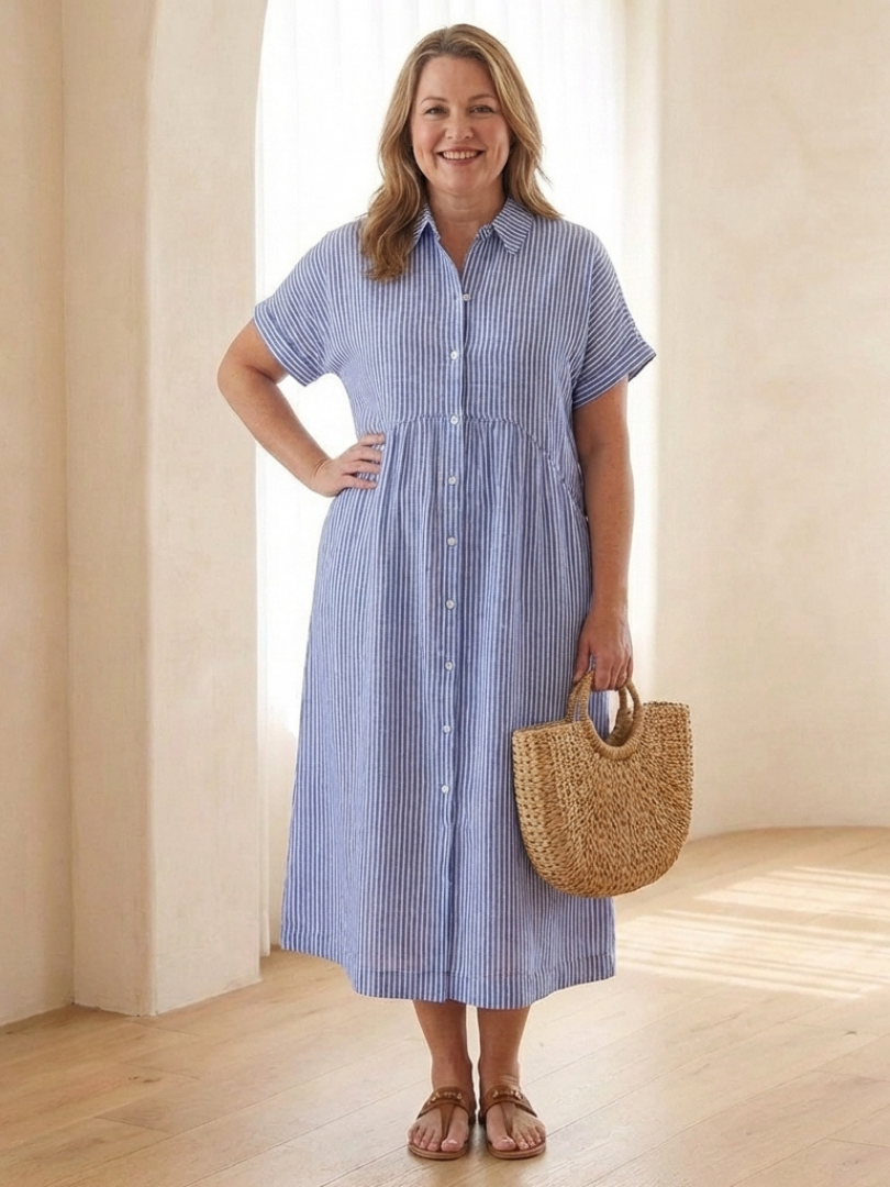 Linnea | Vestido Midi de Manga Corta con Botones Frontal a Rayas