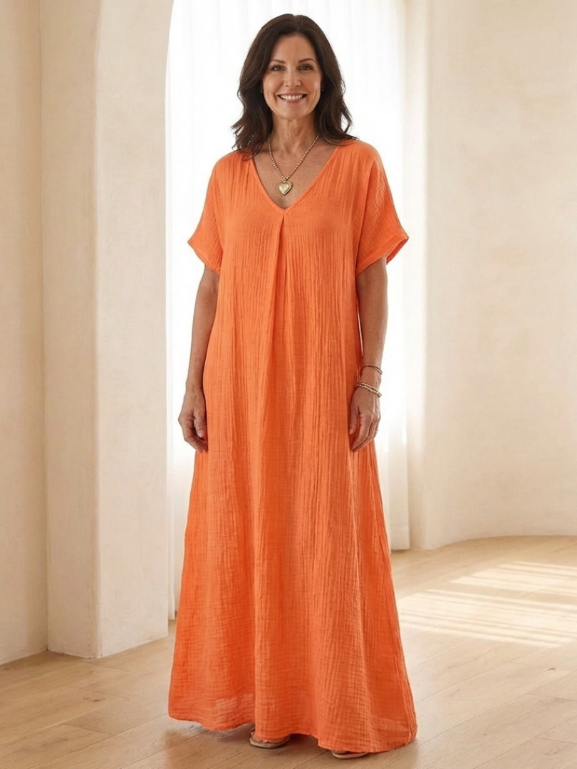 Liora | Vestido Midi de Manga Corta con Escote en V