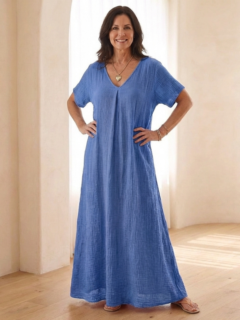 Liora | Vestido Midi de Manga Corta con Escote en V