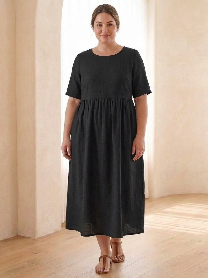 Maribel | Vestido Midi con Cuello Redondo y Manga Corta Fruncido