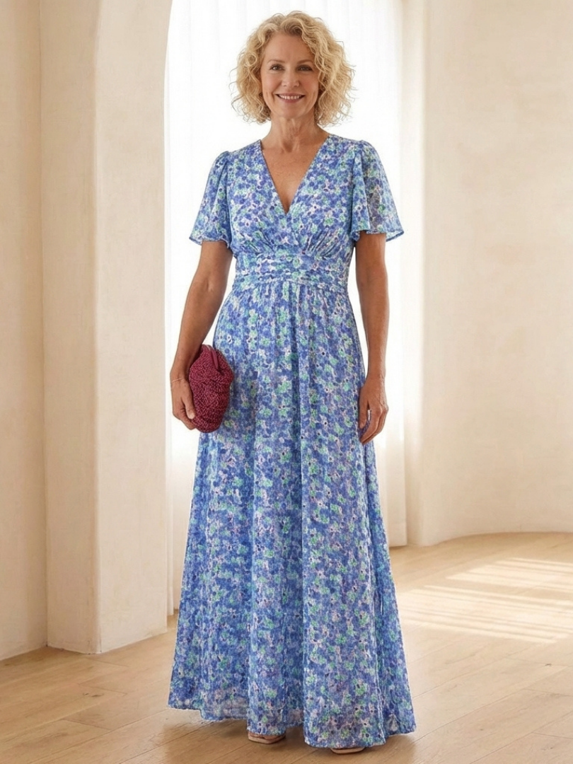 Maris | Vestido Maxi de Manga Corta con Escote en V Floral