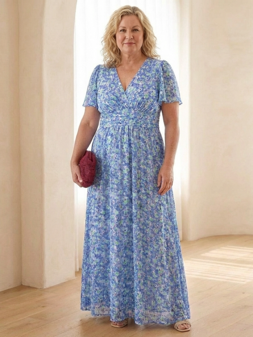 Maris | Vestido Maxi de Manga Corta con Escote en V Floral