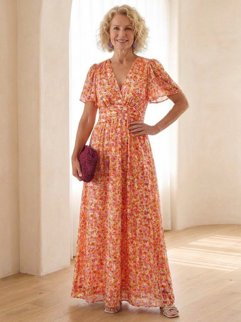 Maris | Vestido Maxi de Manga Corta con Escote en V Floral