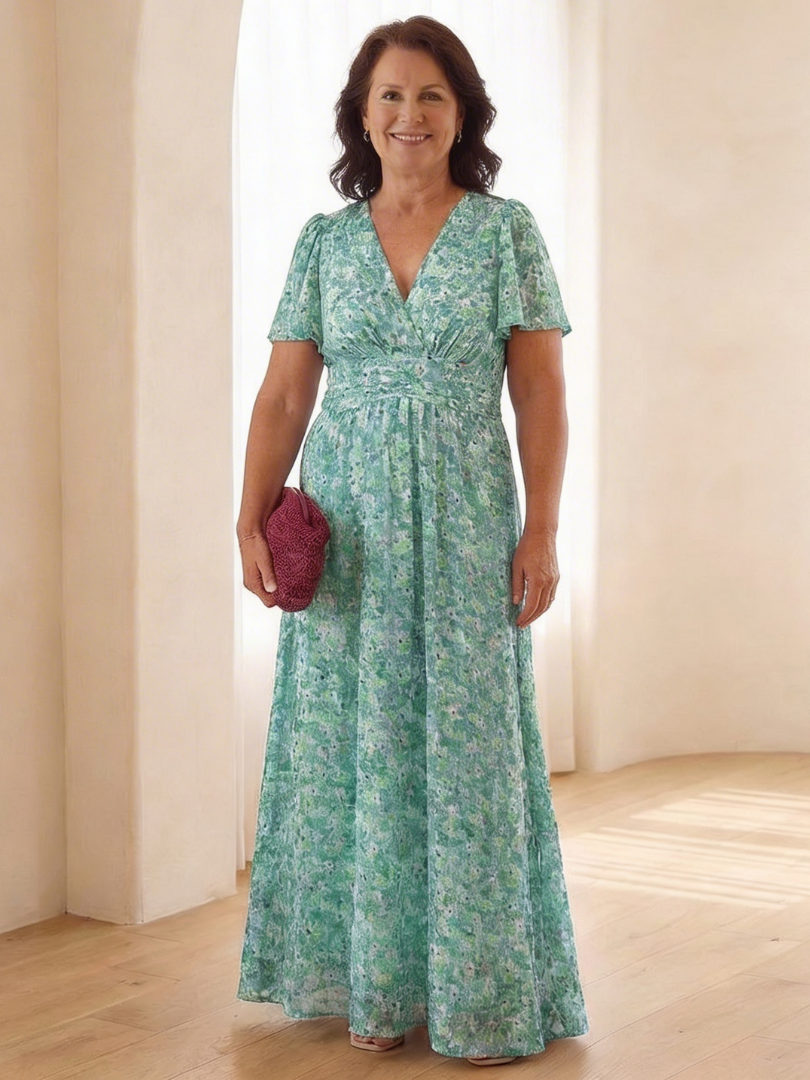 Maris | Vestido Maxi de Manga Corta con Escote en V Floral