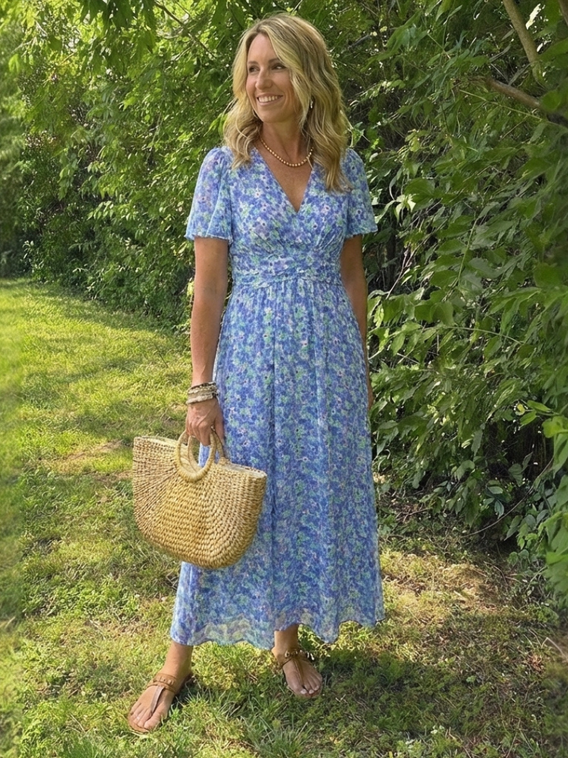 Maris | Vestido Maxi de Manga Corta con Escote en V Floral