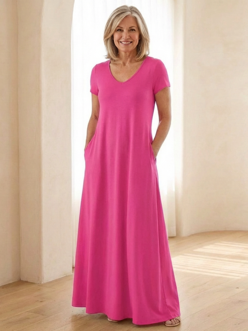Samira | Vestido Maxi de Manga Corta con Escote en V y Bolsillos