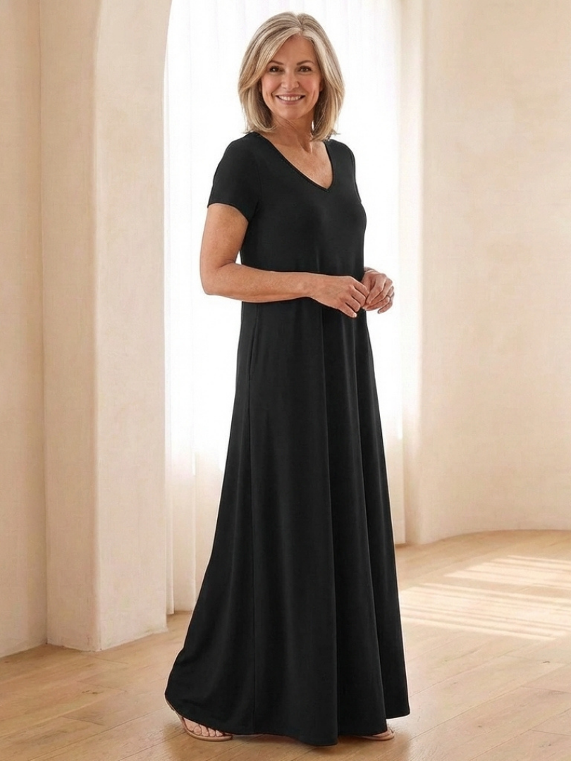 Samira | Vestido Maxi de Manga Corta con Escote en V y Bolsillos