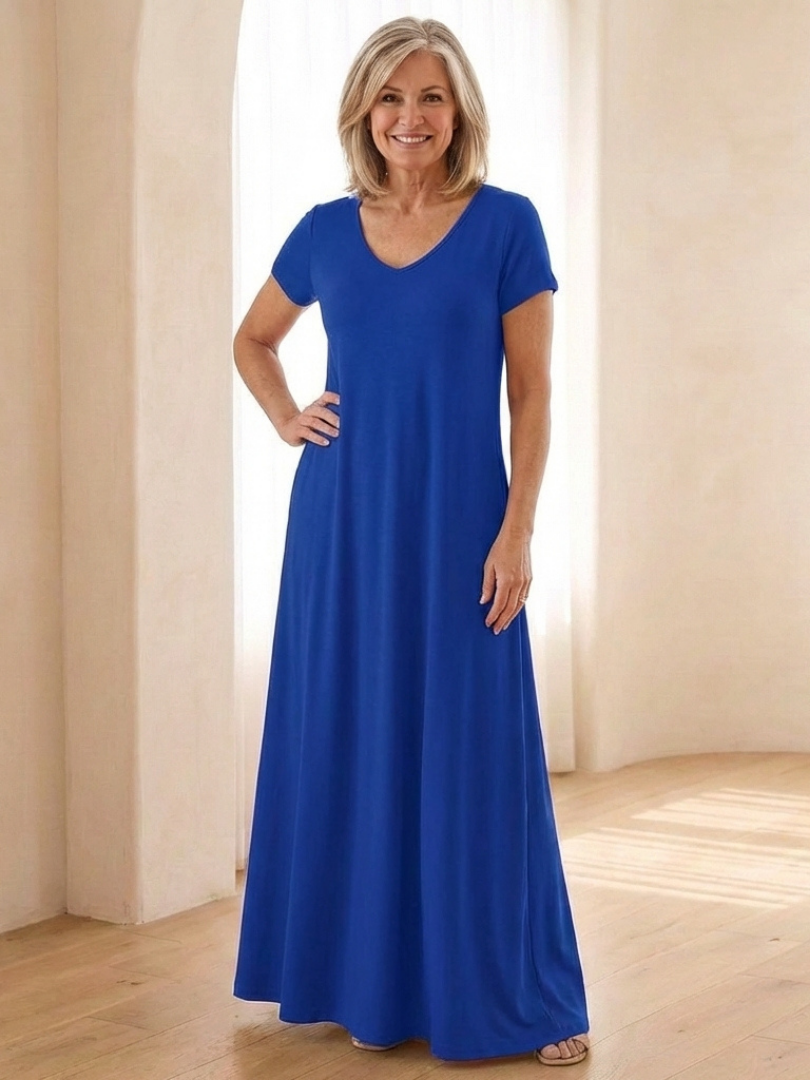 Samira | Vestido Maxi de Manga Corta con Escote en V y Bolsillos