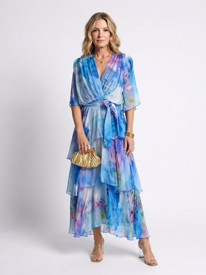 Calista | Vestido Maxi de Capa Transparente con Escote en V y Cintura con Cinta