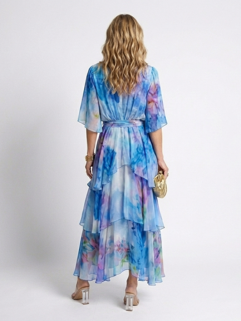 Calista | Vestido Maxi de Capa Transparente con Escote en V y Cintura con Cinta
