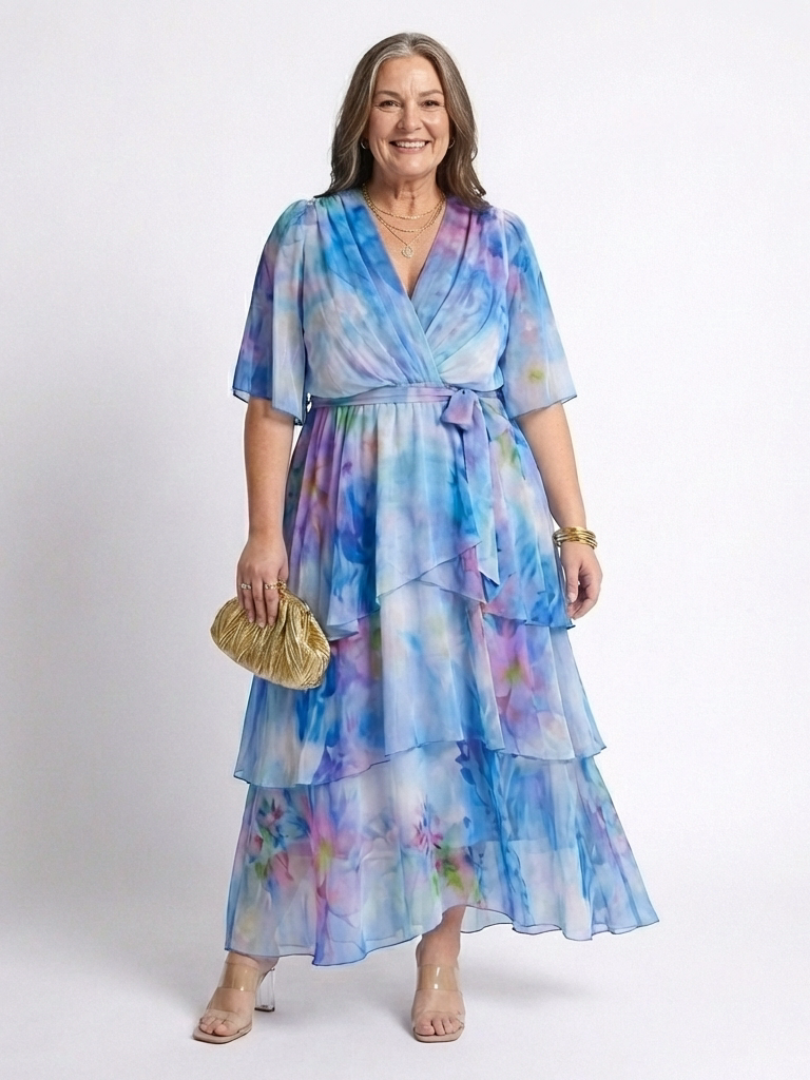 Calista | Vestido Maxi de Capa Transparente con Escote en V y Cintura con Botón