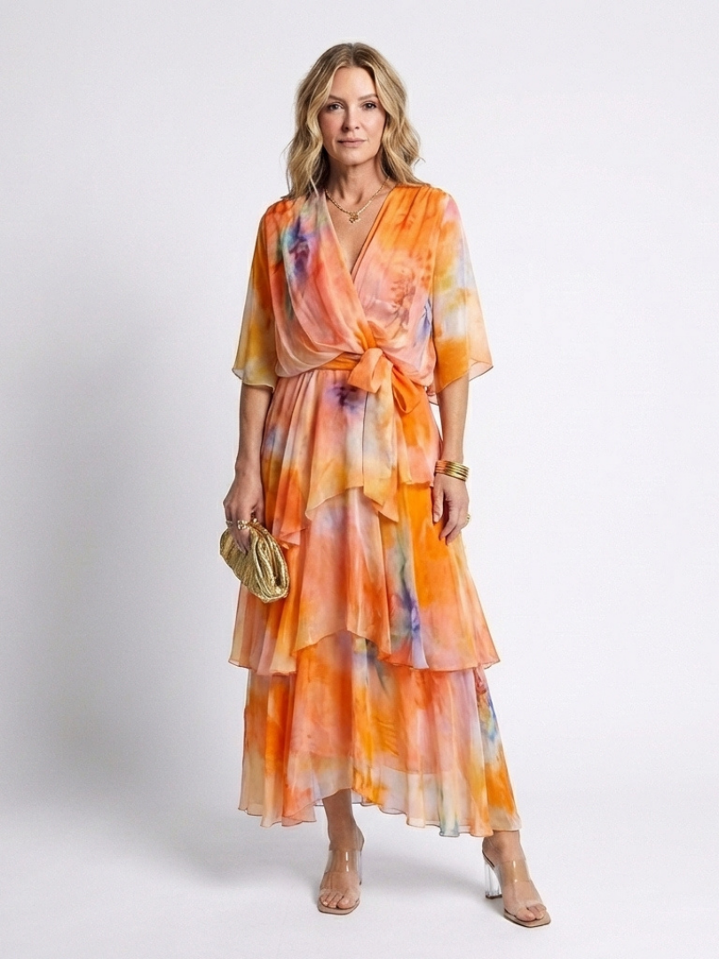 Calista | Vestido Maxi de Capa Transparente con Escote en V y Cintura con Botón