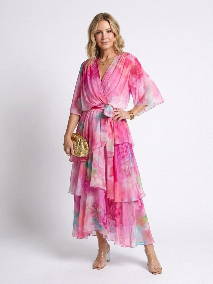 Calista | Vestido Maxi de Capa Transparente con Escote en V y Cintura con Cinta