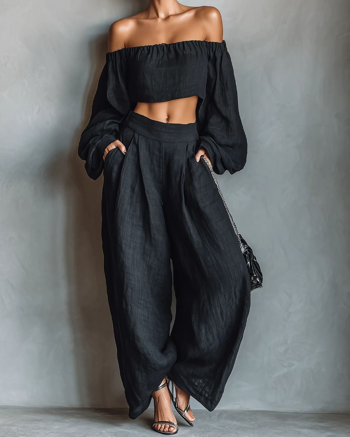 Tess™ || Conjunto off-shoulder con pantalón ancho