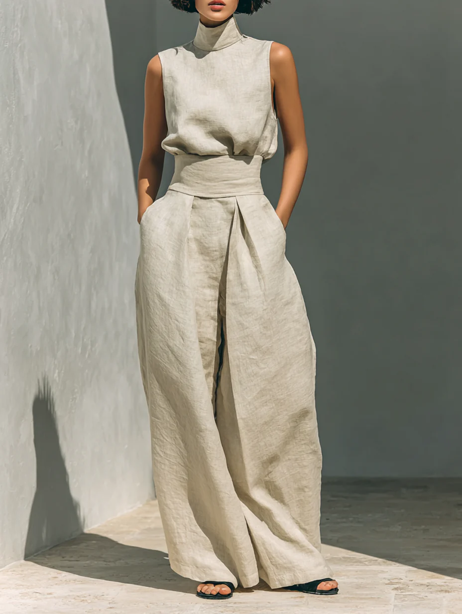 Aurora | Conjunto de Co-Ord de Pierna Ancha Beige Relajado Sin Mangas