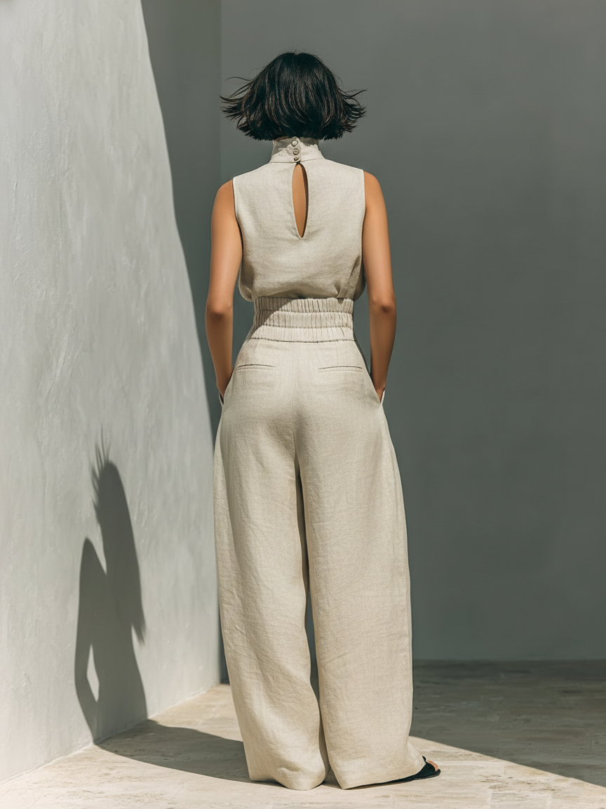 Aurora | Conjunto de Co-Ord de Pierna Ancha Beige Relajado Sin Mangas