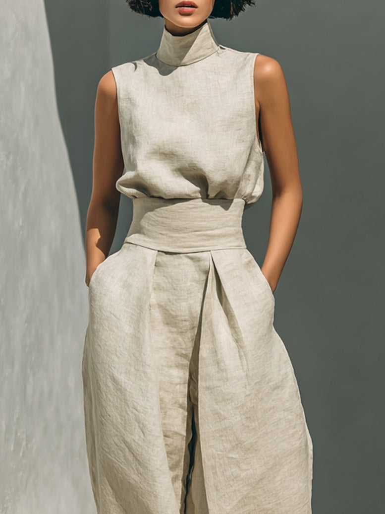 Aurora | Conjunto de Co-Ord de Pierna Ancha Beige Relajado Sin Mangas