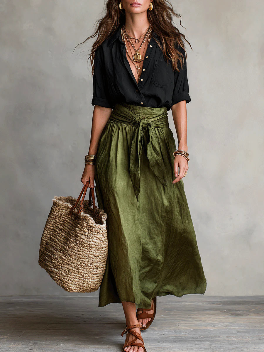 Camisa Negra y Falda Midi Verde Oliva Conjunto de Dos Piezas