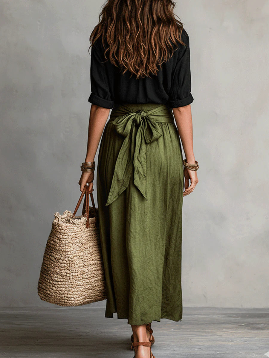 Camisa Negra y Falda Midi Verde Oliva Conjunto de Dos Piezas