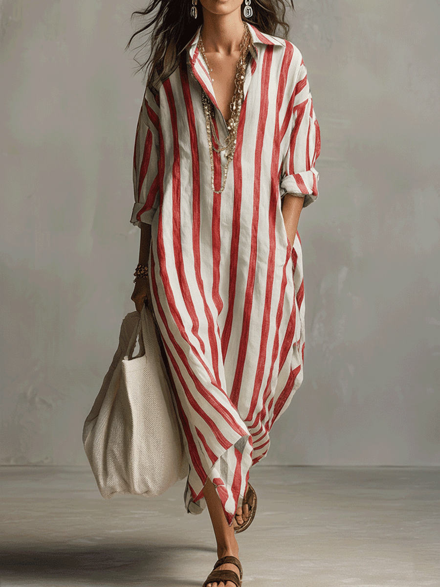 Vestido Maxi Estilo Bohemio de Camisa a Rayas Casual