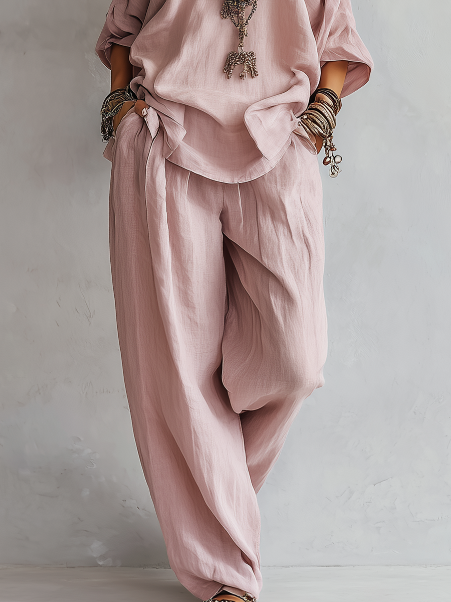 Conjunto de Pantalones Anchos Rosa Claro Casual
